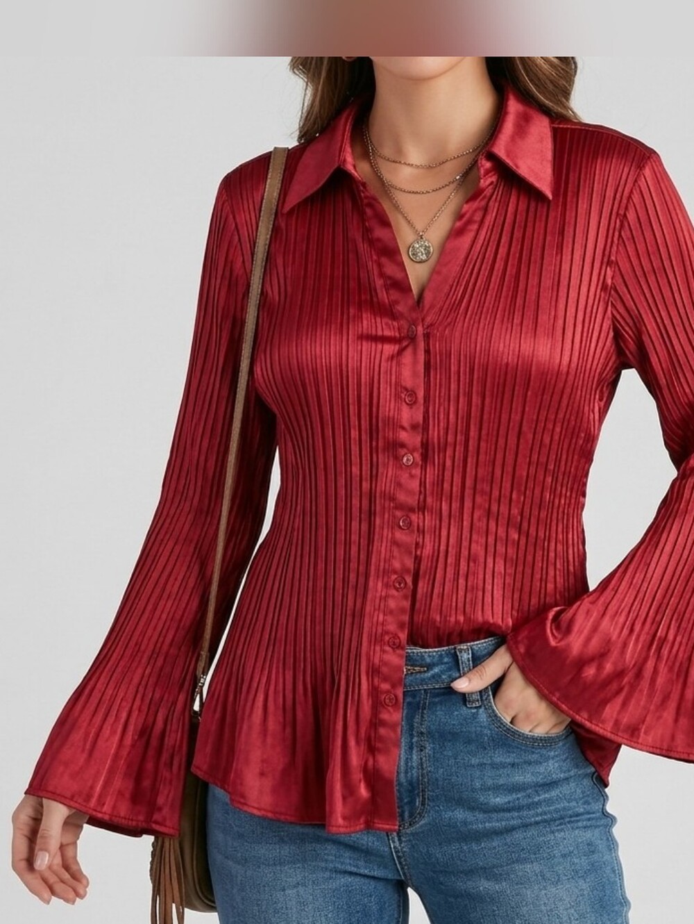 Tailor B. Moss V Neck Red Pleated Button-Down Bell Sleeved Shirt